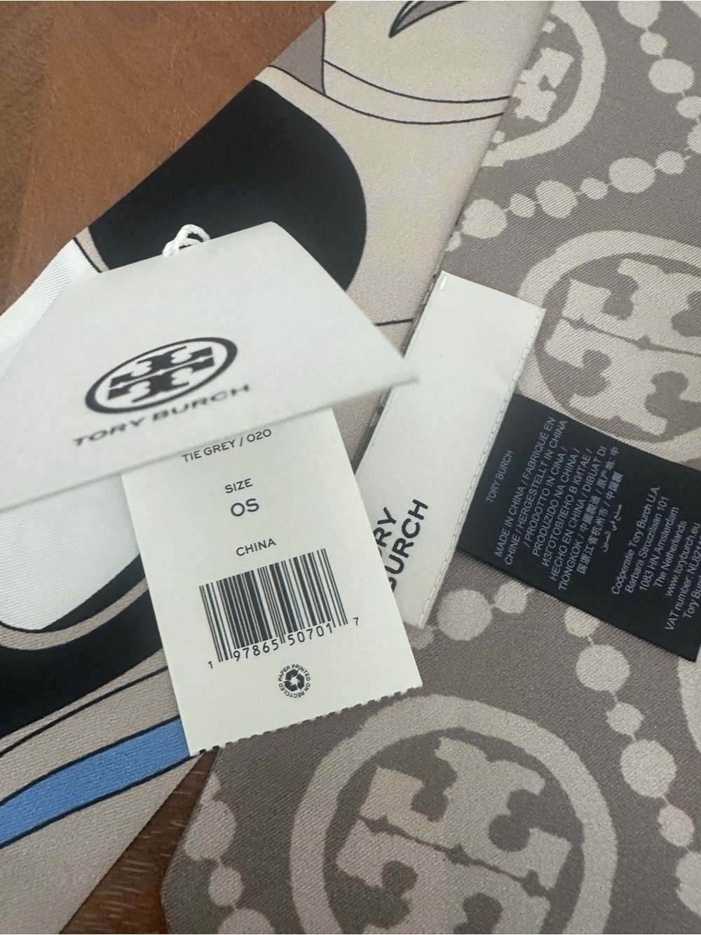 NWT Tory Burch Abstract Print Silk Scarf - Taupe, Black, White, Blue - Picture 7 of 7
